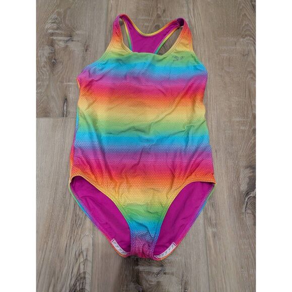 Speedo Girls Racerback One-Piece Swimsuit Size 14 | Rainbow Ombre Competition Tr - Picture 1 of 7